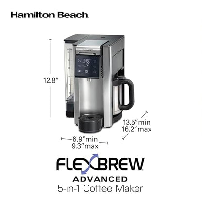 Hamilton Beach FlexBrew Advanced 5-in-1 Thermal Programmable 12 Cup Drip and Single Serve Hot & Iced Coffee Maker, Movable 60oz. Water Reservoir, Use Pod Packs and Grounds, Fast Brewing, Black (49929)