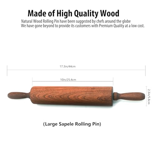 TUSIWIT Classic Sapele Wooden Rolling Pin With Handles,Wood Baking Roller Large (17.3"L x 2.3"W)