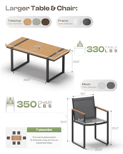 Oasbira Outdoor Dining Set, HDPS + Aluminum Patio Table and Chairs Set with U-Shaped Base, 7 Piece Outdoor Furniture Set with Umbrella Hole, Patio Dining Table Set for Garden, Backyard (Gray-Teak)