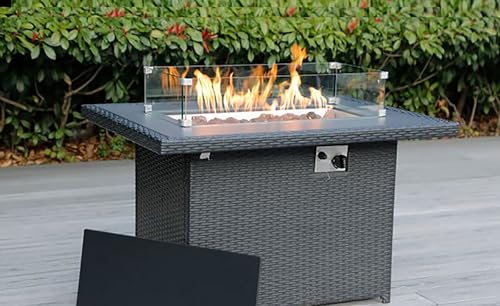 Fully Assembled Sunbrella Taupe Sectional 11 Piece Ohana Outdoor Patio Furniture Black Wicker Conversation Oversize Set with 42-inch Propane Gas Fire Table