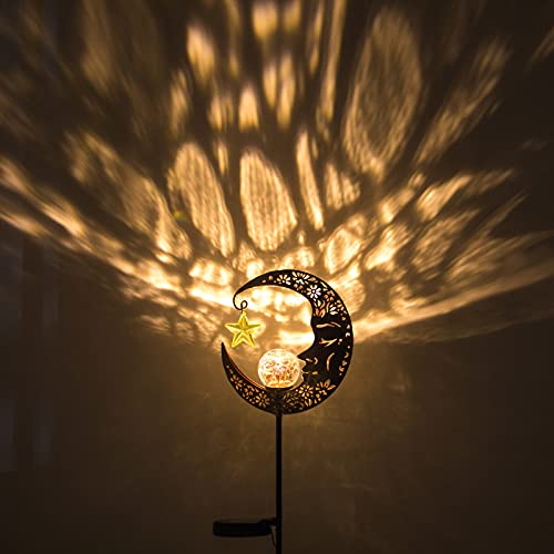 Hapjoy Solar Lights Outdoor Decor Moon Lantern for Patio,Lawn or Pathway Moon Decorations Crackle Glass Globe Stake Metal Lights Waterproof Warm LED Garden Gifts (Bronze)