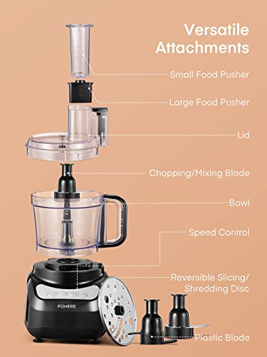 FOHERE Food Processor, 12 Cup, 2-in-1 Feed Chute Procesador de Alimentos Electrico, 500W, BPA Free, Stainless Steel, Procesador de Alimentos for Mincing, Dicing, Shredding, Puree & Kneading Dough
