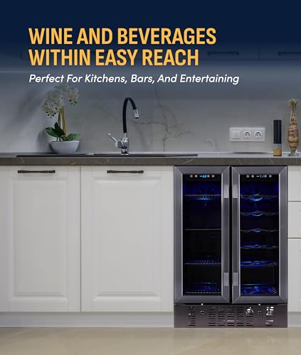 NewAir 24" Dual Zone Beverage Refrigerator & Wine Cooler for 18 Bottles & 58 Cans | Freestanding or Built-In Under Counter Mini Fridge for Beer, Wine and Soda | Black Stainless Steel