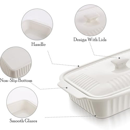 Large Baking Dish with Lid,5.5 Quart Lasagna Pan with Lid, 13.5x9 inch Ceramic Casserole Dish with Lid, Microwave, Dishwasher Safe, White