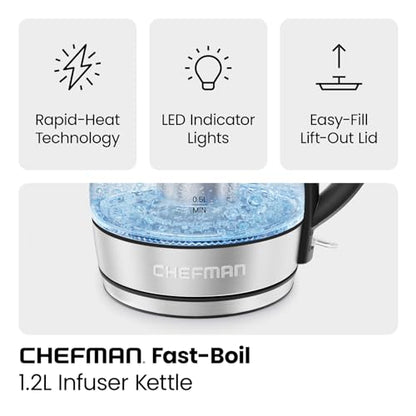 CHEFMAN Electric Kettle - 1.2L 1500W Hot Water Tea Pot with Infuser, BPA Free, Auto Shut Off, Boil-Dry Protection, Removable Lid, LED Light, Cordless Glass Electric Tea Kettle – Stainless Steel