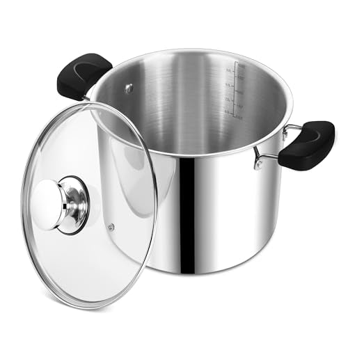 10 Quart 3-Ply Cooking Stock Pot with Lid, P&P CHEF Stainless Steel Large Pot for Pasta Soup, Work on Multi Stove, Heavy Duty & Dishwasher Safe, Dual Heat-resistant Handles & Transparent Glass Lid