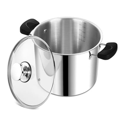 10 Quart 3-Ply Cooking Stock Pot with Lid, P&P CHEF Stainless Steel Large Pot for Pasta Soup, Work on Multi Stove, Heavy Duty & Dishwasher Safe, Dual Heat-resistant Handles & Transparent Glass Lid