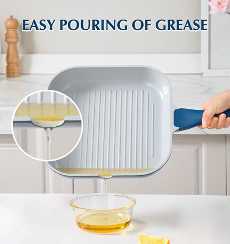 KOCH SYSTEME CS 9.5 Inch Nonstick Grill Pan for Stove Tops, Square Frying Pan with Pour Spouts, Square Pan for Indoor Cooking, Grill Skillet with Bakelite Handle, PTFE & PFOA Free, Blue
