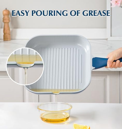KOCH SYSTEME CS 9.5 Inch Nonstick Grill Pan for Stove Tops, Square Frying Pan with Pour Spouts, Square Pan for Indoor Cooking, Grill Skillet with Bakelite Handle, PTFE & PFOA Free, Blue