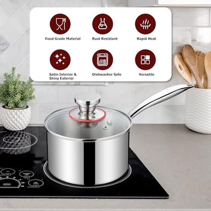 Homikit 2 Quart Saucepan with Lid, 2QT Tri-Ply Stainless Steel Sauce Pan with Ergonomic Handle, Heavy Bottom Small Pot for Kitchen Cooking, Compatible with All Cooktops for Boiling Eggs Warming Milk