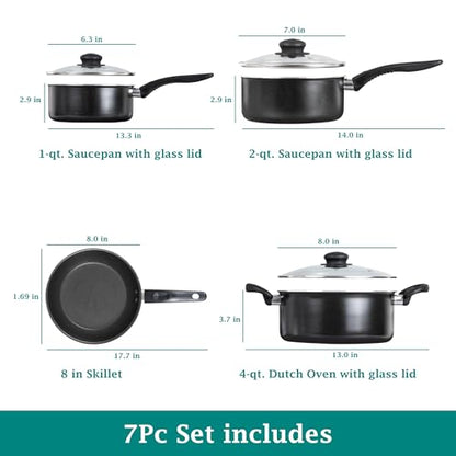 7 Piece Nonstick Aluminum Pots and Pans Cookware Set, Black - PFOA-Free, Heat-Resistant Handles, Suitable for Gas & Electric Stoves