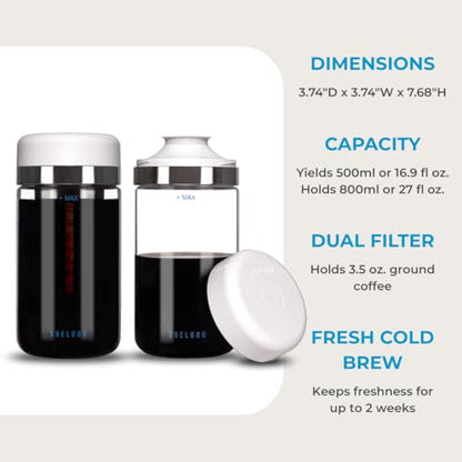 SHELBRU Cold Brew Coffee Maker Set (Brewer & Carafe), Up to 12 Servings of Concentrate, Reusable Stainless Steel Dual Filter, Durable Borosilicate Glass & Spill-Proof Pouring Spout, 16.9 fl oz / 500ml