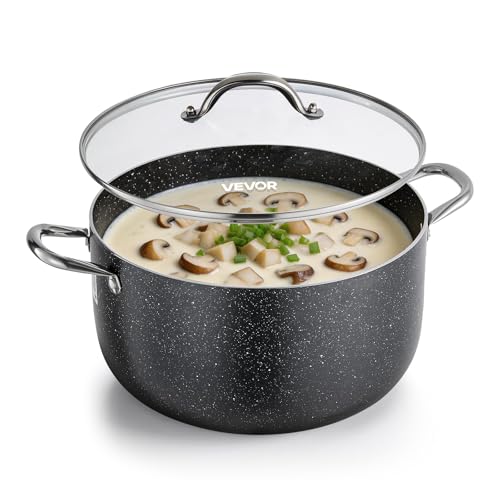 VEVOR Aluminum Stock Pot, 12-Quart Nonstick Ceramic Coated Pot with Glass Lid, PFOA-Free, PFAS-Free, Compatible with Gas Stoves, Induction Cooktops, Electric Stoves, for Soups, Stews, and Pasta
