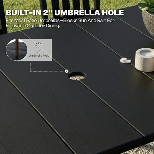 Patio Kingdom 9-Piece Outdoor Dining Set for 8, 75.2" HDPE Table with Umbrella Hole & 8 Chairs, All-Weather Patio Furniture for Lawn, Yard, Deck, or Poolside, Fade & Crack Resistant (Black)