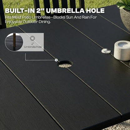 Patio Kingdom 9-Piece Outdoor Dining Set for 8, 75.2" HDPE Table with Umbrella Hole & 8 Chairs, All-Weather Patio Furniture for Lawn, Yard, Deck, or Poolside, Fade & Crack Resistant (Black)