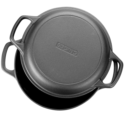 EDGING CASTING Pre-Seasoned Cast Iron Dutch Oven Pot with Skillet Lid Cooking Pan, 2-in-1 Sourdough Bread Baking Pan with Proofing Basket and Baking Supplies, 5QT