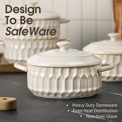 ArteBake Mini Cocotte Set-14 OZ Small Casserole Dishes with Lids and Handles, Individual Ceramic Baking Ramekins for Lasagna, Soufflé, Soup,Oven, Microwave & Dishwasher Safe,set of 4, Beige
