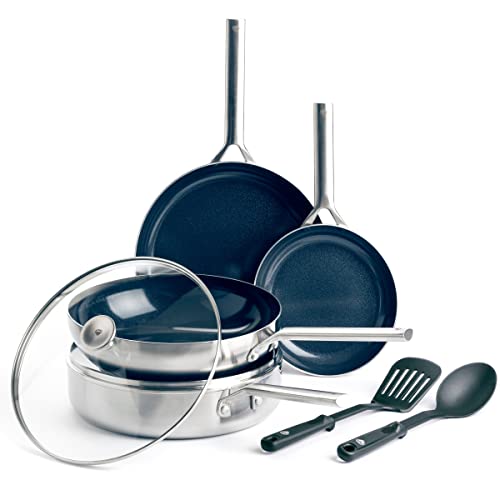 Blue Diamond 7-Piece Tri-Ply Stainless Steel Ceramic Nonstick Cookware Set, PFAS & PFOA-Free Pots and Pans, Multi Clad, Induction Compatible, Dishwasher & Oven Safe, Silver