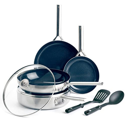 Blue Diamond 7-Piece Tri-Ply Stainless Steel Ceramic Nonstick Cookware Set, PFAS & PFOA-Free Pots and Pans, Multi Clad, Induction Compatible, Dishwasher & Oven Safe, Silver
