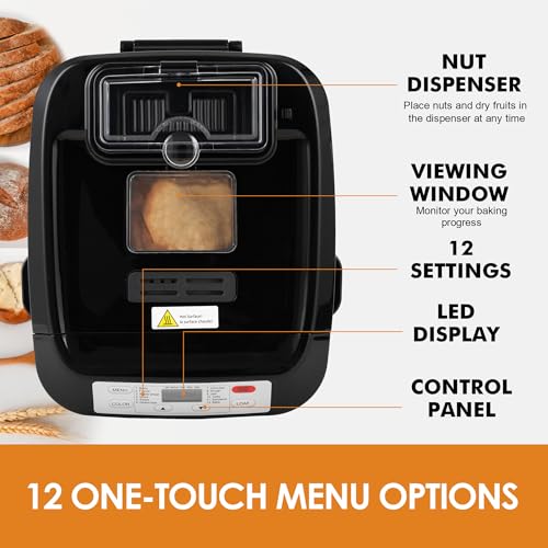 Kitchen in the Box 2lb Bread Maker with Auto Fruit Nut Dispenser, 12-in-1 Gluten-Free Bread Machine, 13H Delay Timer, Nonstick Pan, Keep Warm (Black)