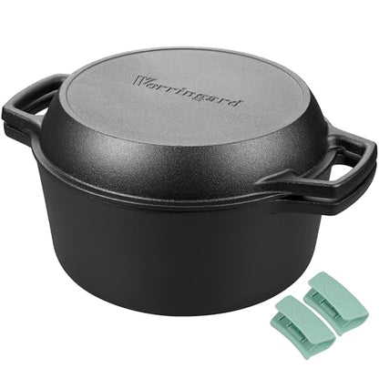 VORRINGARD Pre-seasoned Cast Iron Double Dutch Oven Pot with Skillet Lid, Dual-handle, for Bread Baking, Outdoor, Campfire Cooking, 5 Quart