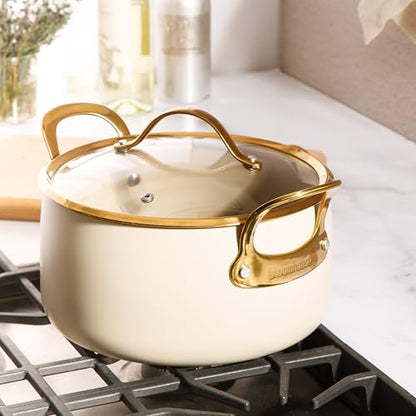 Bloomhouse - Two Time Oprah's Favorite Things Winner - 6 Quart Heavy Duty Aluminum Premium PFA Free Ceramic Nonstick Dutch Oven Pot with Lid - Almond Cream w/Gold Handle