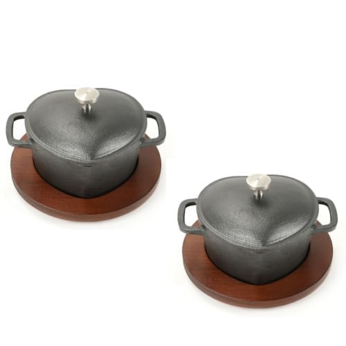 HAWOK Pre-seasoned Cast lron Mini Dutch Oven, 8.8oz. with Wooden Underliner, Heart Shaped, Set of 2, Black