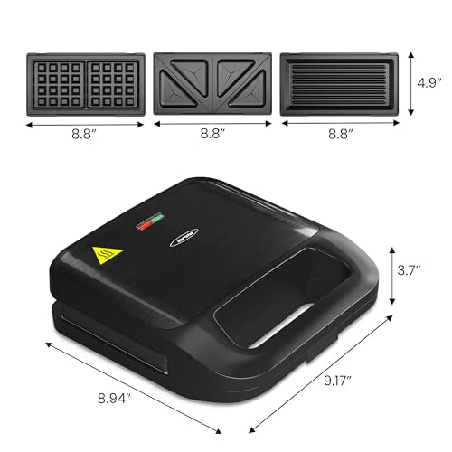 3 in 1 Electric Sandwich Maker with Removable Nonstick Plates - 750W, Black for Belgian Waffle/Panini/Grill/Pancake Griddle/Breakfast, Dishwasher Safe, Cool Touch Handle, Easy to Clean & Store
