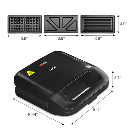 3 in 1 Electric Sandwich Maker with Removable Nonstick Plates - 750W, Black for Belgian Waffle/Panini/Grill/Pancake Griddle/Breakfast, Dishwasher Safe, Cool Touch Handle, Easy to Clean & Store