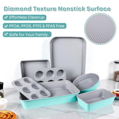 Spmarkt 21-pieces Stackable Nonstick Bakeware Set, PTFE/PFOA/PFOS Free Baking Pans Set with Silicone Cup, Oven Mitt, Complete Kitchen Baking Kit for Cake & Loaf, Cookies, Cupcakes
