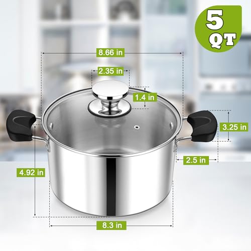 5 Quart 3-Ply Cooking Stock Pot with Lid, P&P CHEF Stainless Steel Large Pot for Pasta Soup, Work on Multi Stove, Heavy Duty & Dishwasher Safe, Dual Heat-resistant Handles & Transparent Glass Lid