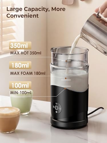 Ecoflarix Large Capacity Milk Frother: 4-in-1 Electric Milk Steamer 350ml, 7700RPM High Speed, 120s Fast Frothing, 𝐇𝐨𝐭 & 𝐂𝐨𝐥𝐝 Foam Maker, Helpful Stainless Steel for Latte - Grayish Black