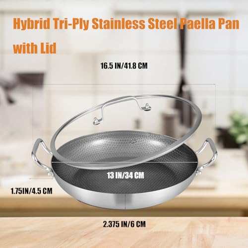 Inqibee 13-Inch Hybrid Tri-Ply Stainless Steel Paella Pan with Lid, Ceramic Non Stick Large Skillet, Induction Cooking Pan, Anti-Scratch, Dishwasher and Oven Safe