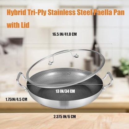 Inqibee 13-Inch Hybrid Tri-Ply Stainless Steel Paella Pan with Lid, Ceramic Non Stick Large Skillet, Induction Cooking Pan, Anti-Scratch, Dishwasher and Oven Safe