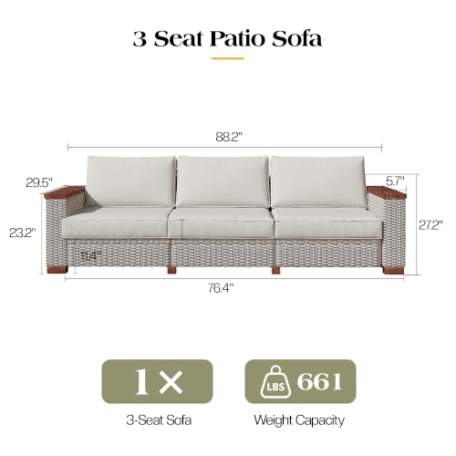 PaPaJet Outdoor Patio Sofa, 3 Seat Wicker Couch with Solid Armrests & Legs, 4.7" Thickened Removable Cushions, UV-Resistant Modular Sofa for Porch, Backyard, Garden
