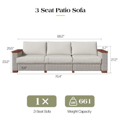 PaPaJet Outdoor Patio Sofa, 3 Seat Wicker Couch with Solid Armrests & Legs, 4.7" Thickened Removable Cushions, UV-Resistant Modular Sofa for Porch, Backyard, Garden
