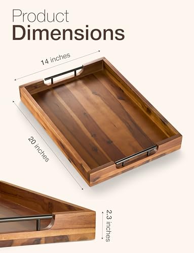 TIDITA 20 x 14 Inch Large Ottoman Tray for Living Room – Large Wooden Tray for Ottoman , Decorative Serving Tray with Handles, for Coffee Table, Kitchen Counter & Home Decor
