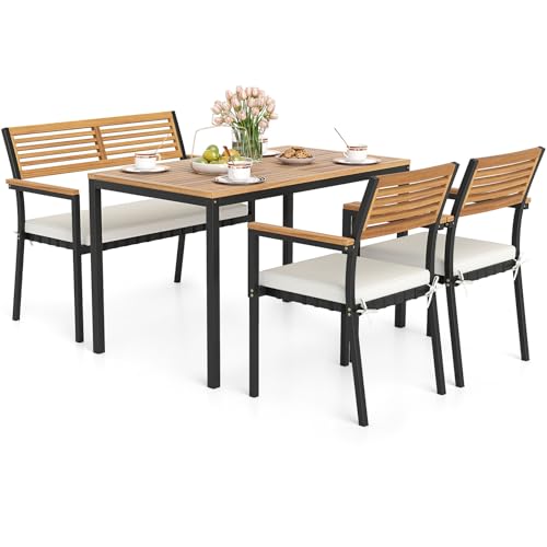 Tangkula 4 Piece Patio Dining Furniture Set, Outdoor Dining Chair Set for 4 w/Acacia Wood & Metal Frame, Umbrella Hole, 1 Table, 2 Armchairs, 1 Bench for Lawn, Garden, Backyard, Porch