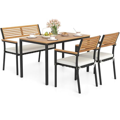Tangkula 4 Piece Patio Dining Furniture Set, Outdoor Dining Chair Set for 4 w/Acacia Wood & Metal Frame, Umbrella Hole, 1 Table, 2 Armchairs, 1 Bench for Lawn, Garden, Backyard, Porch