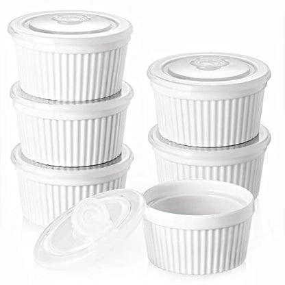 DOWAN Ramekins with Lids 6 oz Oven Safe, Creme brulee Souffle Dishes Ramekin with Covers, Porcelain Bowls for Baking Custard Cups, Set of 6, White
