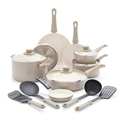 GreenLife 16 Piece Nonstick Cookware Set, Soft Grip Non-Toxic PFAS-Free Ceramic Pots & Pans, Dishwasher & Oven Safe, Frying, Sauce, Saute, Utensils, Glass Lids, Stay-Cool Handles, Wobble Free, Taupe