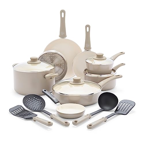 GreenLife 16 Piece Nonstick Cookware Set, Soft Grip Non-Toxic PFAS-Free Ceramic Pots & Pans, Dishwasher & Oven Safe, Frying, Sauce, Saute, Utensils, Glass Lids, Stay-Cool Handles, Wobble Free, Taupe