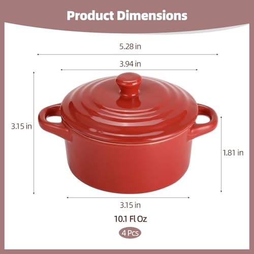 4 Pcs Red Ceramic Small Cocotte Set, 5.3 x 3.1 in Small Ramekins with Lids & Handles, 10.1 Fl Oz Dutch Oven Safe Ceramic Bowls for Steaming, Baking, Desserts, Food