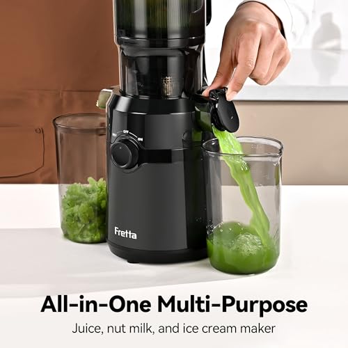 Juicer Machines,Fretta Cold Press Juicer Machines with Wide Mouth Feed Chute,Fit Whole Fruits & Vegetables,Easy to Clean Compact Juicer,Black