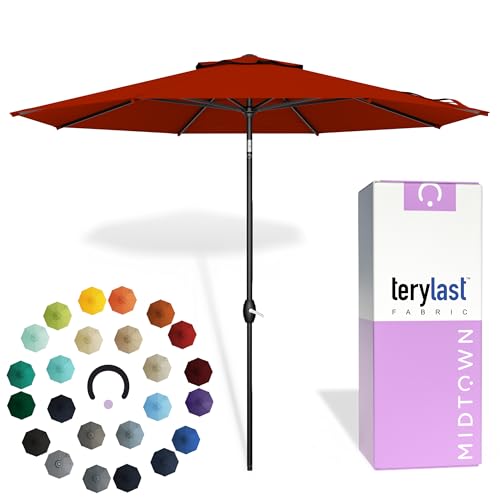 Midtown Umbrellas - 10-Year-No-Fade 9 Ft Patio Umbrella with Terylast Fabric, Auto-Tilt Aluminum Frame and 8 Reinforced Ribs for Deck, Pool, Garden & Beach - Apple Red Canopy, Black Pole