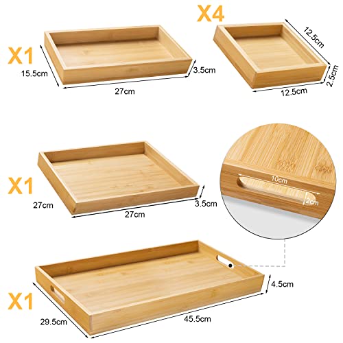 Wooden Serving Trays with Handle - Set of 7 - Large, Medium, Small and Mini - Nesting Multipurpose Trays - for Breakfast, Coffee Table/Butler & More - Light & Sturdy Wood Tray