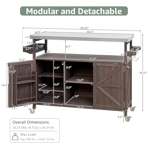 Waully 50.25" Outdoor Kitchen Island with Wheels for Food Prep, Strage, Bar, Rolling Outdoor Grill Table for Outside, Outside Cooking Table, Grill Carts, Cooking Station, Modular, Solid Wood, Brown