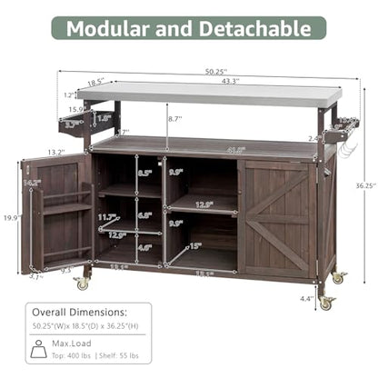 Waully 50.25" Outdoor Kitchen Island with Wheels for Food Prep, Strage, Bar, Rolling Outdoor Grill Table for Outside, Outside Cooking Table, Grill Carts, Cooking Station, Modular, Solid Wood, Brown