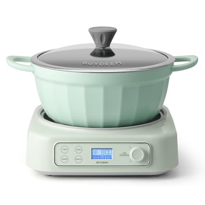BUYDEEM 5-in-1 Slow Cooker 4.7QT with Removable Nonstick Stockpot, Compatible with Various Cookwares, Two Temperature Controls, Customized Time Settings, Auto Keep Warm for 2H, Cozy Greenish