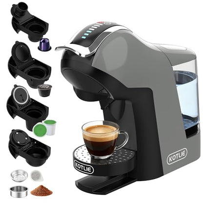 KOTLIE EM-308B Espresso Machine, Single Serve Coffee Maker Compatible with Multiple Capsule Types, Ground Coffee, and ESE Pods. 3 Temperatures, 7 Water Volume Levels, and a 1L Water Tank（Gray）